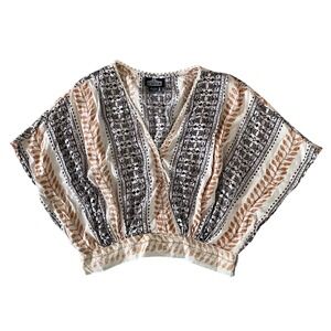 Angie Floral Peasant Crop Top‎ L Surplice Smocked Flutter Boho Festival Cottage
